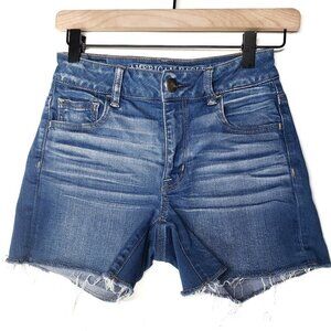 American Eagle Hi Rise Shortie Cut Off Denim Shorts 0 Blue‎ Jean Raw Hem